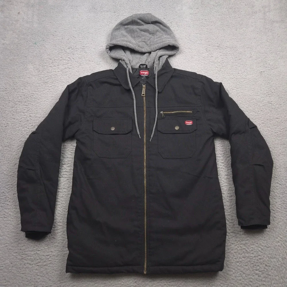 Wrangler Jacket Men's Sz Small Black Canvas Hooded Work Quilted Lining